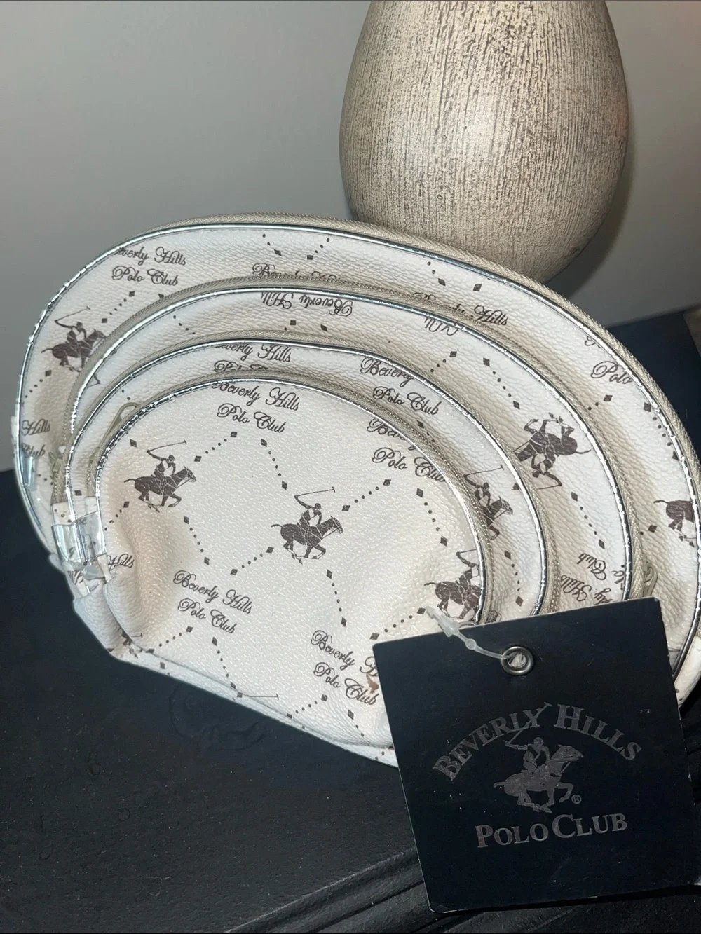 Beverly Hills Polo Club Cream and Black Logo Cosmetic Pouch Set Giftable